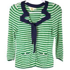 Anthropologie HWR Green Striped Knit Tie Neck Cardigan Sweater women’s Small